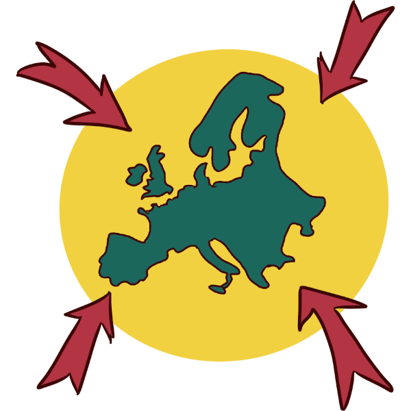 image of a green simplified continent of europe surrounded by a yellow circle with four red arrows pointing to it